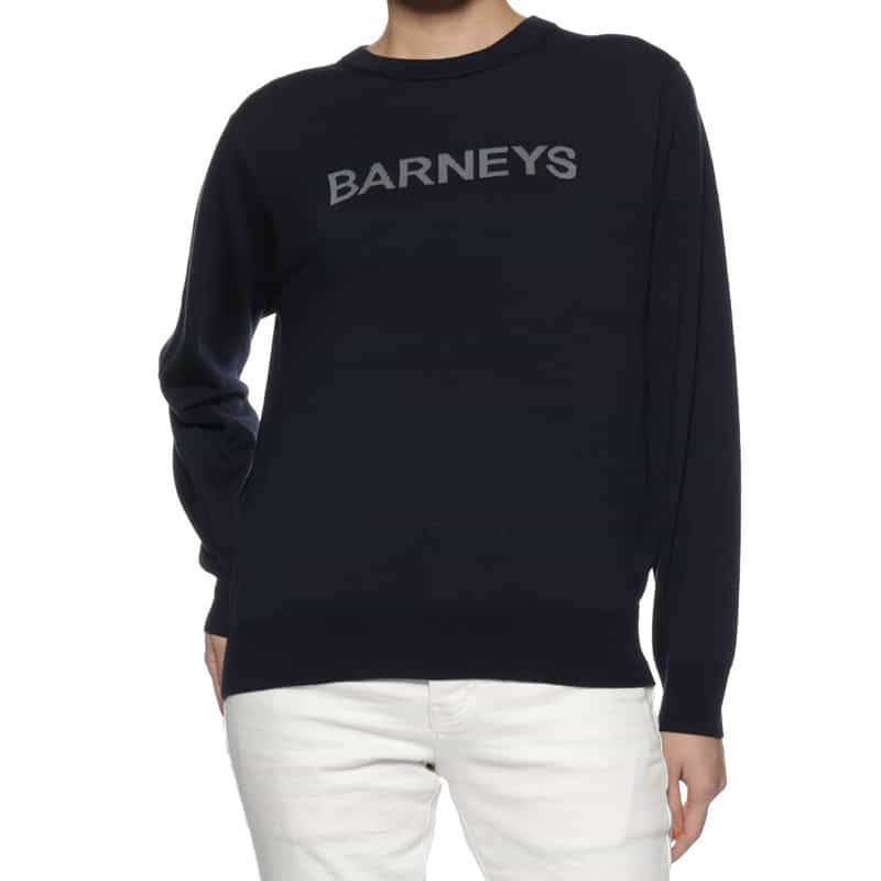 BARNEYS NEW YORK "BARNEYS" ロゴ入りニットプルオーバー（ウィメンズサイズ） NAVY