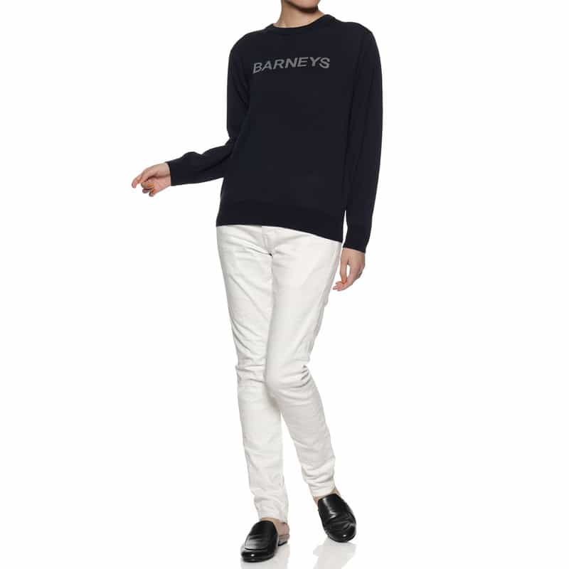 BARNEYS NEW YORK "BARNEYS" ロゴ入りニットプルオーバー(ウィメンズサイズ) NAVY