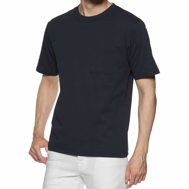 BARNEYS NEW YORK ストライプクレープ素材 ポケットTシャツ NAVY