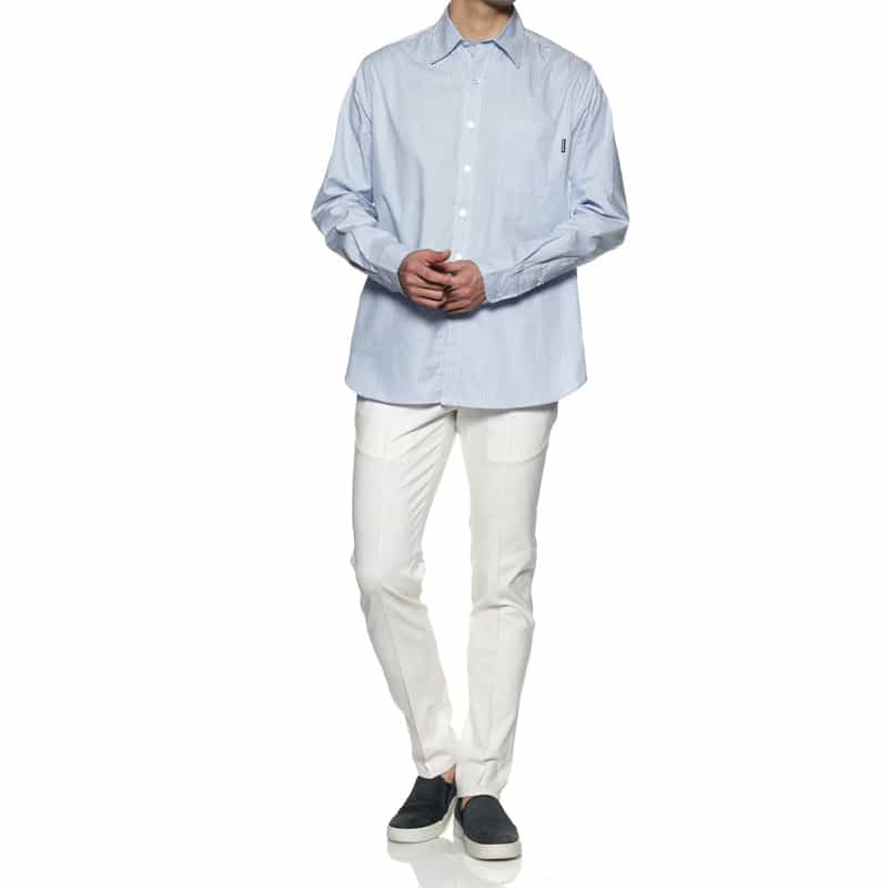 BARNEYS NEW YORK "BARNEYS" タグ付きストライプ柄レギュラーカラーシャツ LT BLUE