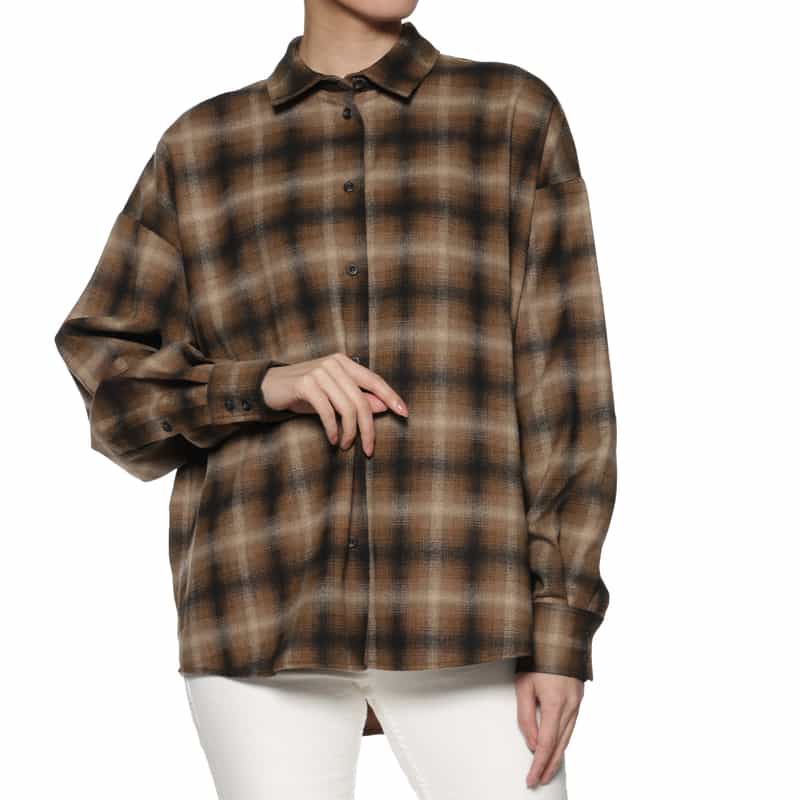 BARNEYS NEW YORK ウォッシャブル オンブレチェックシャツ BROWN