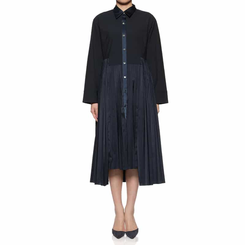 BARNEYS NEW YORK プリーツドッキング ドレス NAVY