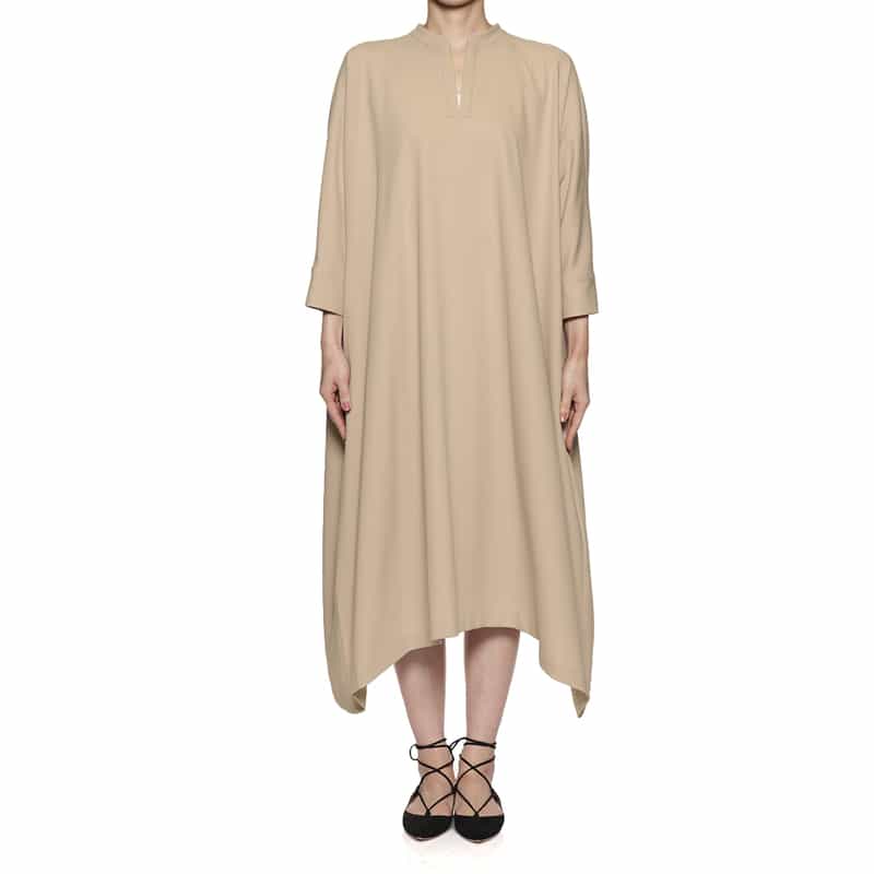 BARNEYS NEW YORK ウォッシャブル パールボタンドレープヘムドレス BEIGE