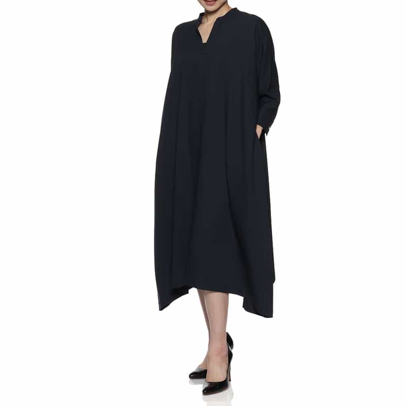 BARNEYS NEW YORK ウォッシャブル パールボタンドレープヘムドレス NAVY