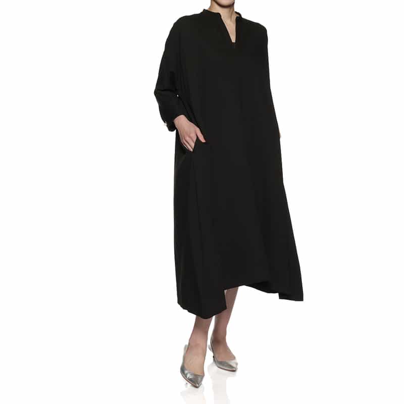 BARNEYS NEW YORK ウォッシャブル パールボタンドレープヘムドレス BLACK