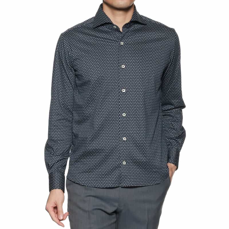 BARNEYS NEW YORK プリント カッタウェイカラーシャツ NAVY