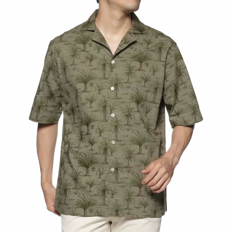 BARNEYS NEW YORK パームツリー柄オープンカラーシャツ KHAKI