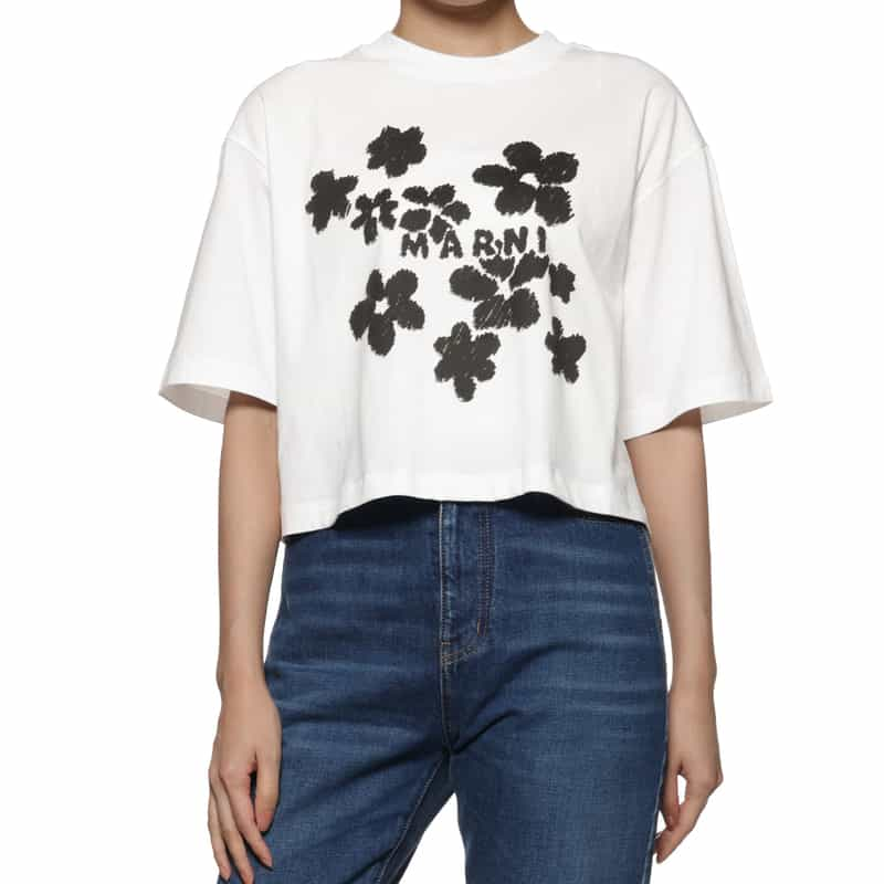 MARNI 銀_25SS PRE MARNI COTTON HSLV BOXY CROP FLOWER TEE BLACK