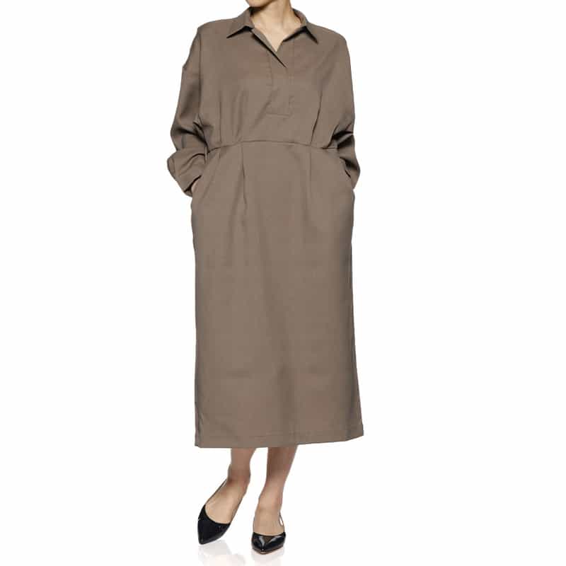 BARNEYS NEW YORK ウォッシャブル ベルテッド オープンカラーシャツドレス BEIGE