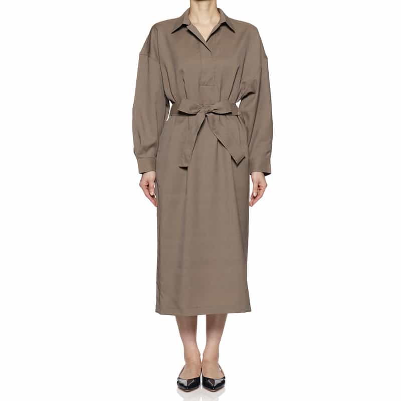 BARNEYS NEW YORK ウォッシャブル ベルテッド オープンカラーシャツドレス BEIGE