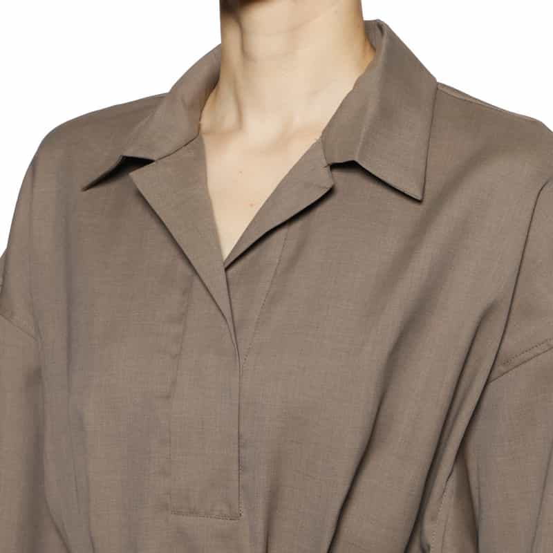 BARNEYS NEW YORK ウォッシャブル ベルテッド オープンカラーシャツドレス BEIGE