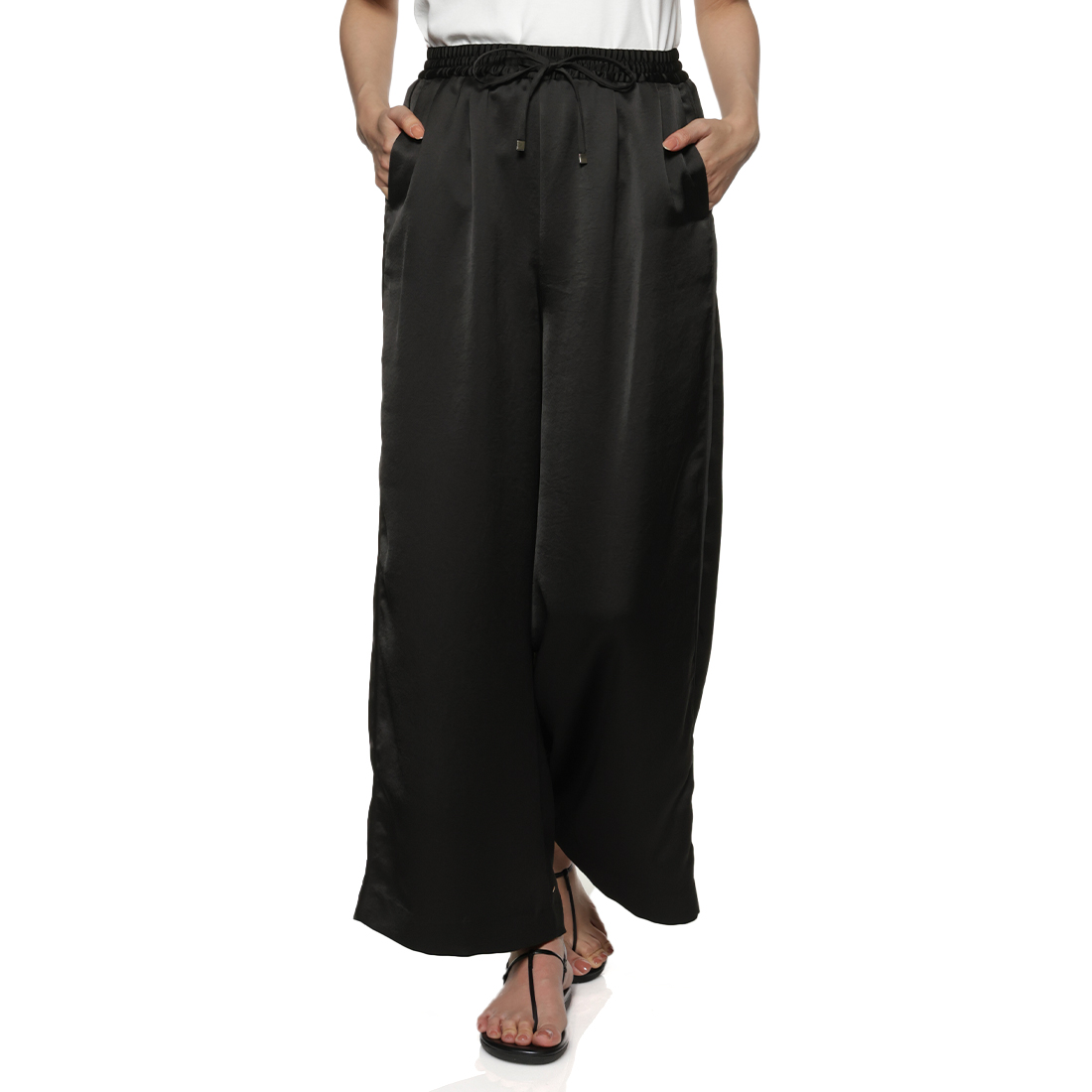 ウォッシャブル サテンワイドシルエットパンツ