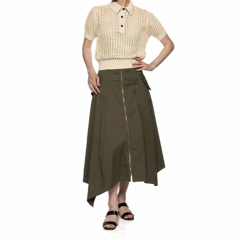 BARNEYS NEW YORK ウォッシャブル フロントジップ アシンメトリーヘムスカート KHAKI