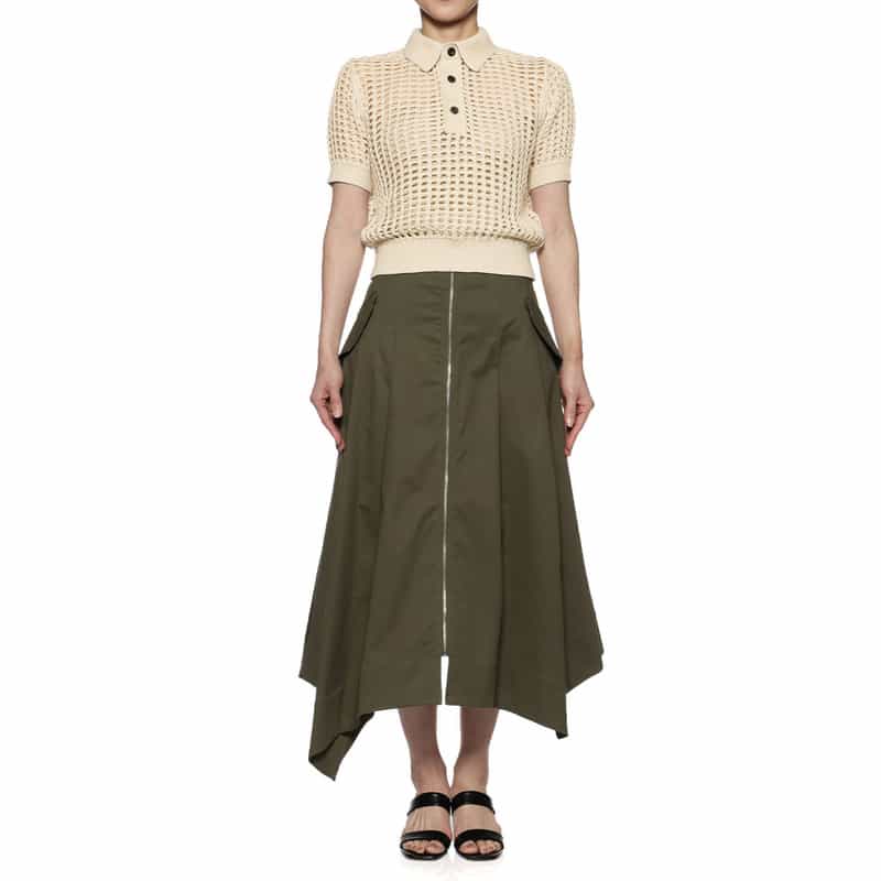 BARNEYS NEW YORK ウォッシャブル フロントジップ アシンメトリーヘムスカート KHAKI