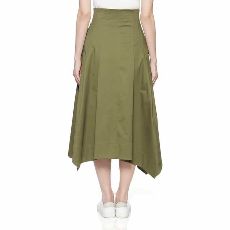 BARNEYS NEW YORK ウォッシャブル フロントジップ アシンメトリーヘムスカート KHAKI