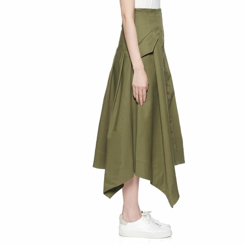 BARNEYS NEW YORK ウォッシャブル フロントジップ アシンメトリーヘムスカート KHAKI