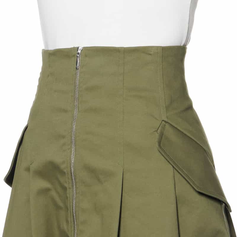 BARNEYS NEW YORK ウォッシャブル フロントジップ アシンメトリーヘムスカート KHAKI