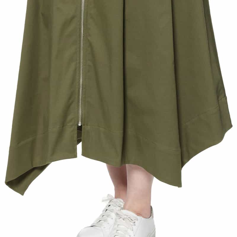 BARNEYS NEW YORK ウォッシャブル フロントジップ アシンメトリーヘムスカート KHAKI