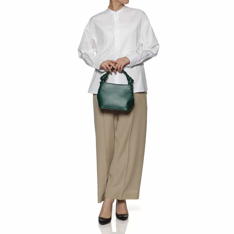 BARNEYS NEW YORK レザー 編み込みハンドル ハンドバッグ GREEN