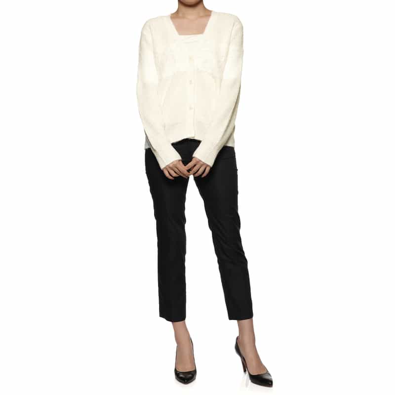 BARNEYS NEW YORK ウォッシャブル コンビネーションボーダーニットカーディガン WHITE