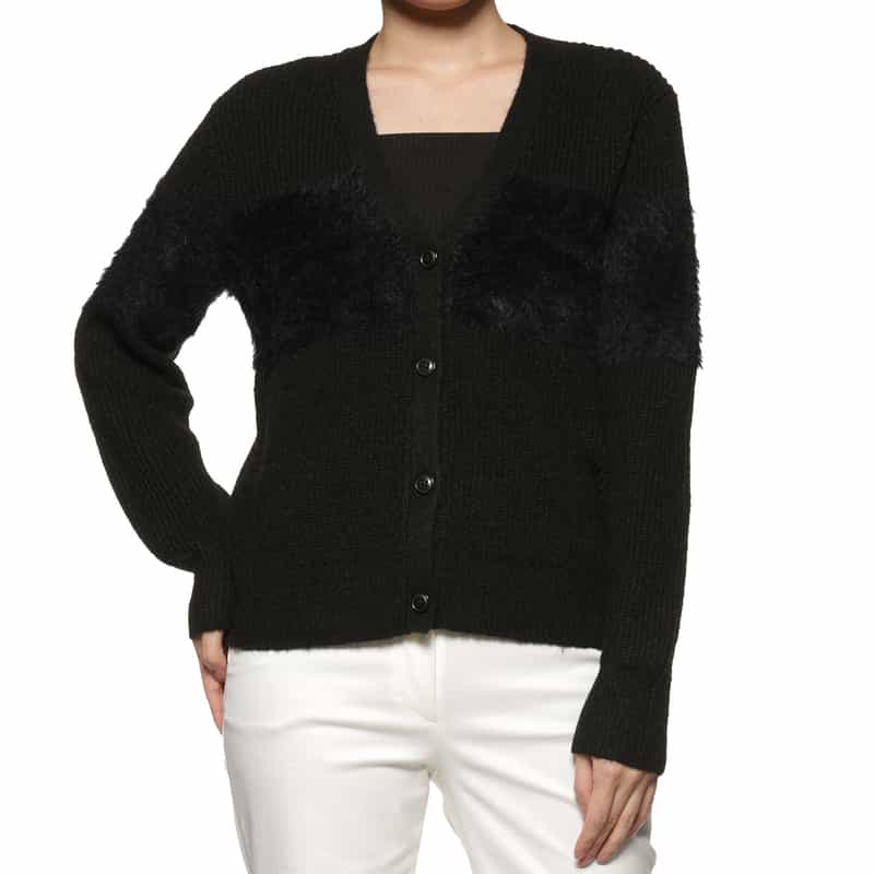 BARNEYS NEW YORK ウォッシャブル コンビネーションボーダーニットカーディガン BLACK