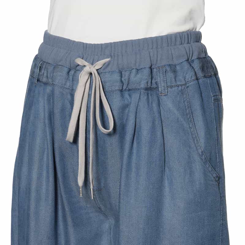 BARNEYS NEW YORK ウォッシャブル レーヨンデニム ドローストリングワイドパンツ BLUE