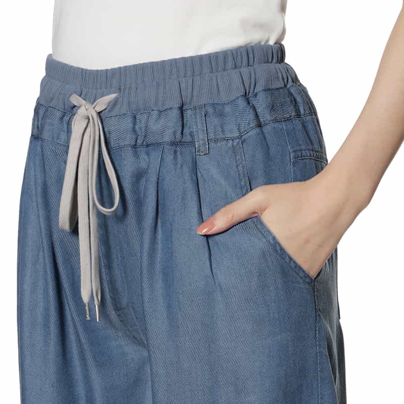 BARNEYS NEW YORK ウォッシャブル レーヨンデニム ドローストリングワイドパンツ BLUE