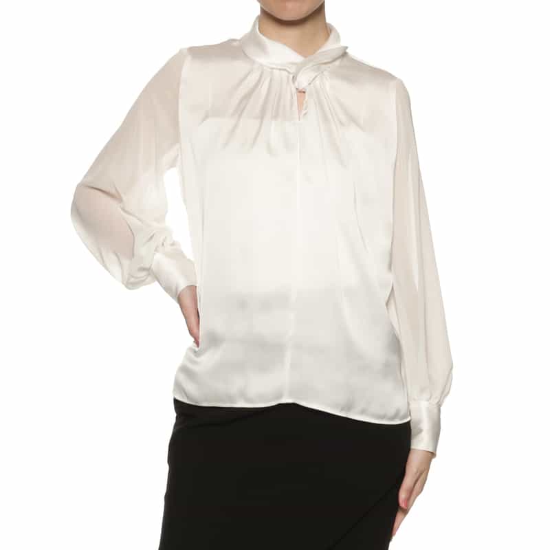 BARNEYS NEW YORK ウォッシャブル リボンタック入り異素材コンビネーションブラウス OFF WHITE