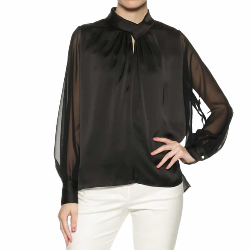 BARNEYS NEW YORK ウォッシャブル リボンタック入り異素材コンビネーションブラウス BLACK