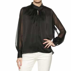 ウォッシャブル リボンタック入り異素材コンビネーションブラウス