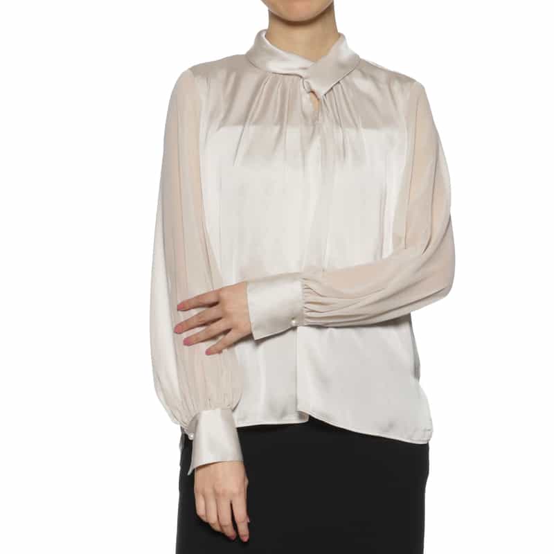 BARNEYS NEW YORK ウォッシャブル リボンタック入り異素材コンビネーションブラウス CHAMPAGNE