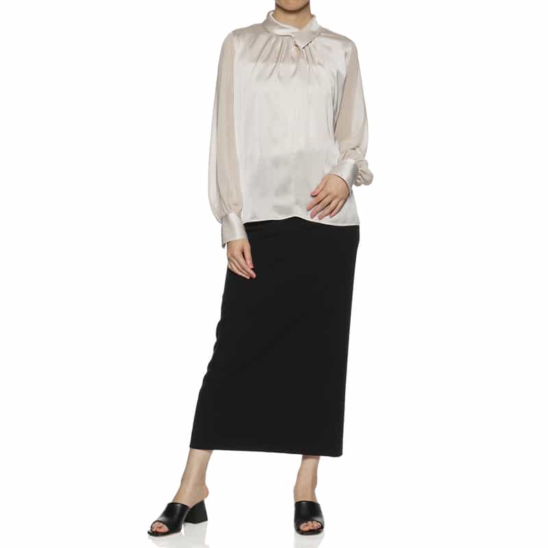 BARNEYS NEW YORK ウォッシャブル リボンタック入り異素材コンビネーションブラウス CHAMPAGNE