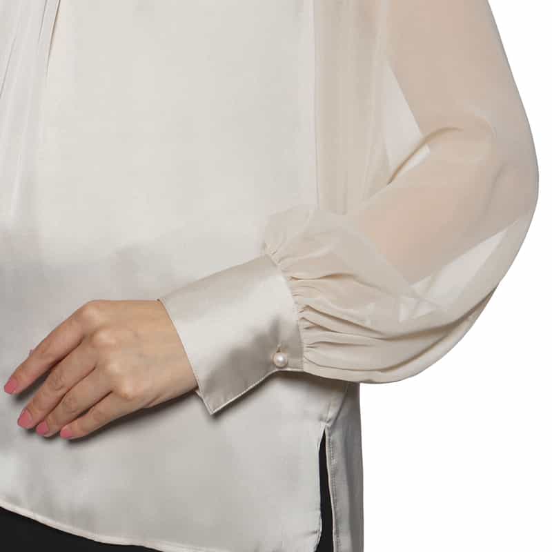 BARNEYS NEW YORK ウォッシャブル リボンタック入り異素材コンビネーションブラウス CHAMPAGNE