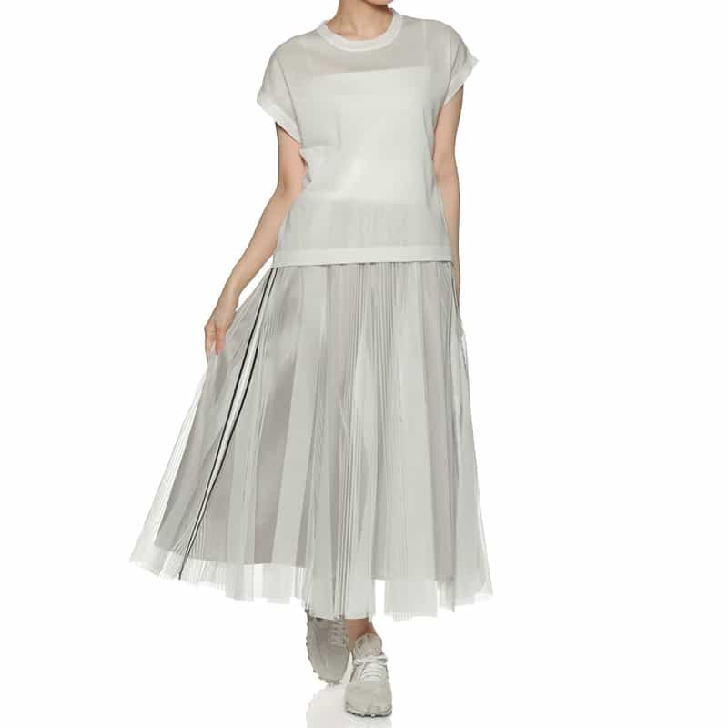 BARNEYS NEW YORK ウォッシャブル ウエストリブ サイドライン入りチュールスカート WHITE