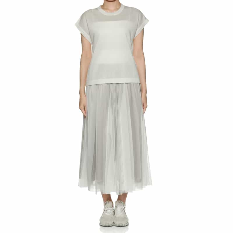 BARNEYS NEW YORK ウォッシャブル ウエストリブ サイドライン入りチュールスカート WHITE