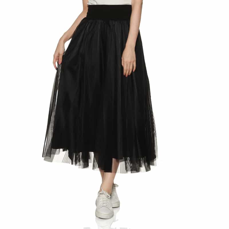 BARNEYS NEW YORK ウォッシャブル ウエストリブ サイドライン入りチュールスカート BLACK