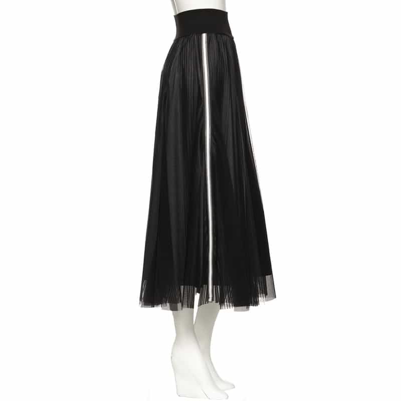 BARNEYS NEW YORK ウォッシャブル ウエストリブ サイドライン入りチュールスカート BLACK