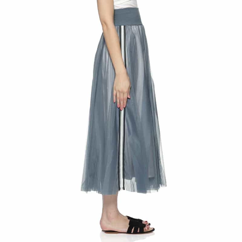 BARNEYS NEW YORK ウォッシャブル ウエストリブ サイドライン入りチュールスカート GRAY