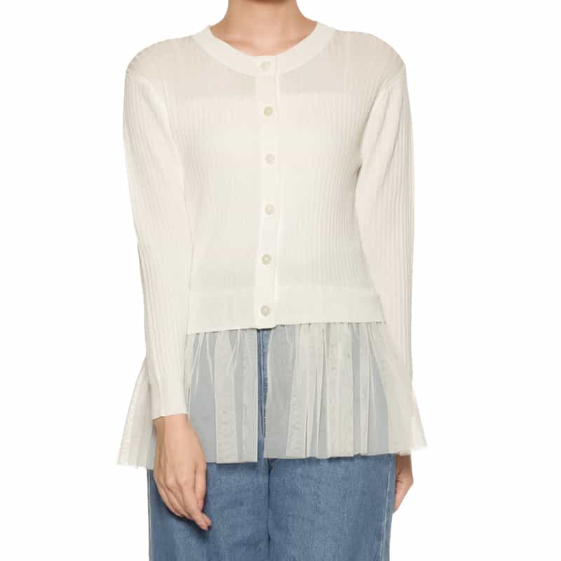 BARNEYS NEW YORK ウォッシャブル チュールスリーブ リブニットカーディガン OFF WHITE