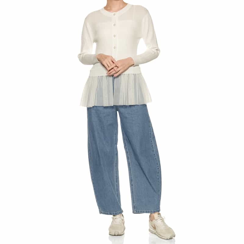 BARNEYS NEW YORK ウォッシャブル チュールスリーブ リブニットカーディガン OFF WHITE