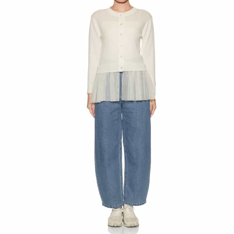 BARNEYS NEW YORK ウォッシャブル チュールスリーブ リブニットカーディガン OFF WHITE