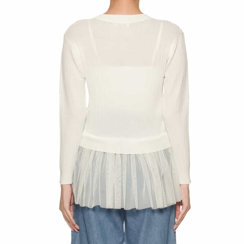 BARNEYS NEW YORK ウォッシャブル チュールスリーブ リブニットカーディガン OFF WHITE