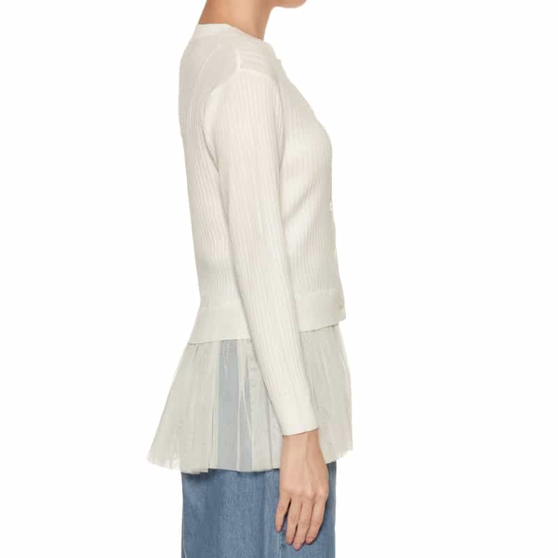 BARNEYS NEW YORK ウォッシャブル チュールスリーブ リブニットカーディガン OFF WHITE