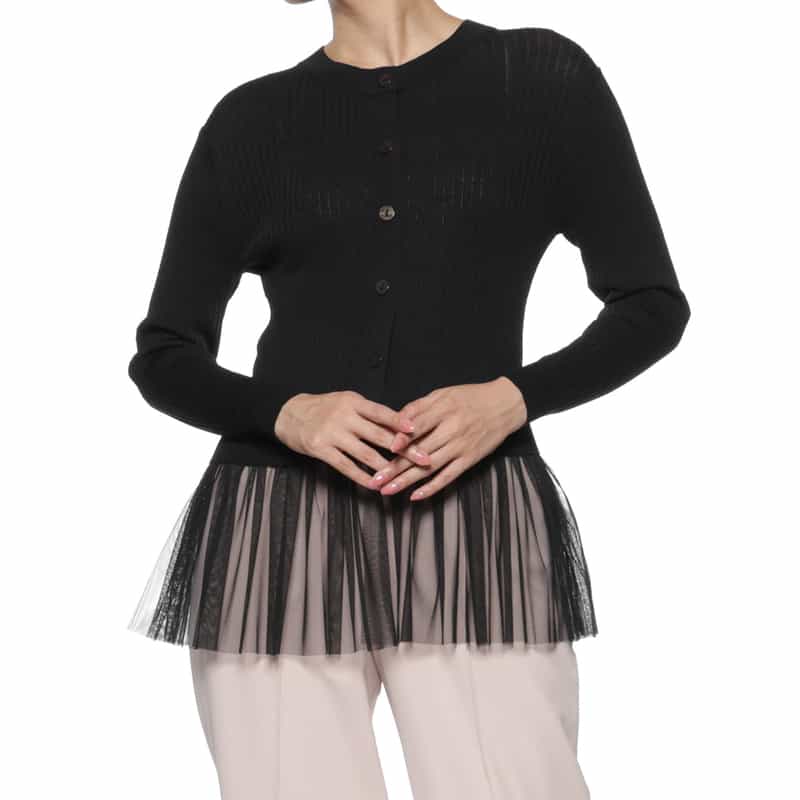 BARNEYS NEW YORK ウォッシャブル チュールスリーブ リブニットカーディガン BLACK