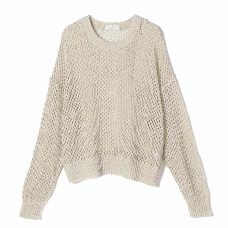 BARNEYS NEW YORK ウォッシャブル クルーネックメッシュニットプルオーバー BEIGE