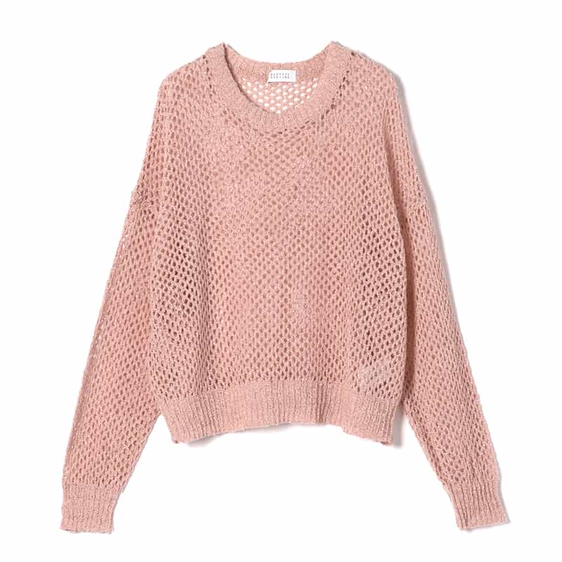 BARNEYS NEW YORK ウォッシャブル クルーネックメッシュニットプルオーバー PINK