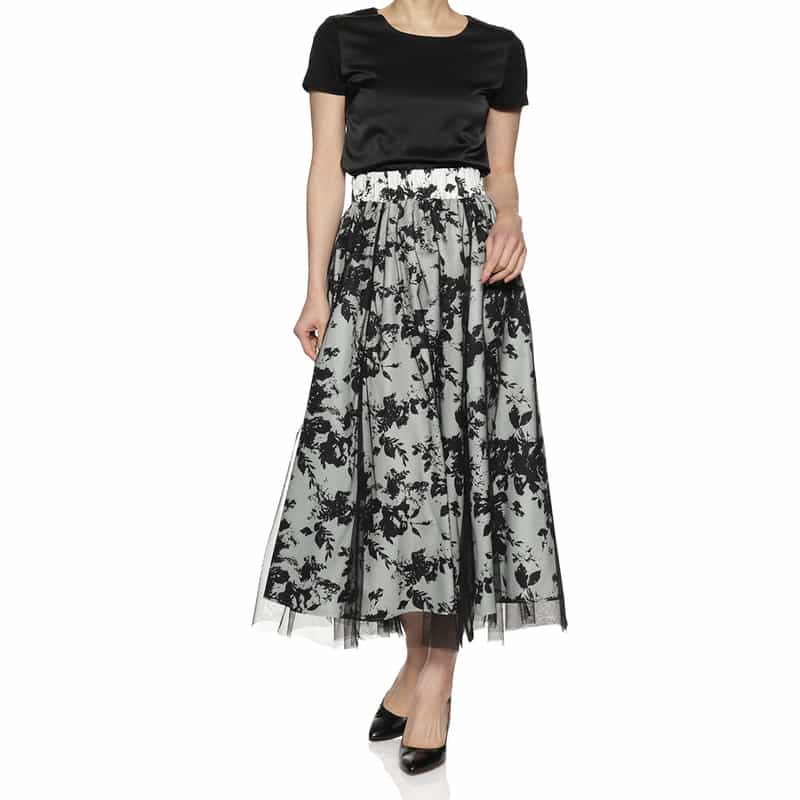 BARNEYS NEW YORK ウォッシャブル チュール付き フラワープリントスカート OFF WHITE