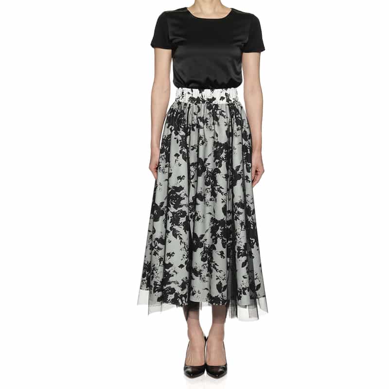 BARNEYS NEW YORK ウォッシャブル チュール付き フラワープリントスカート OFF WHITE