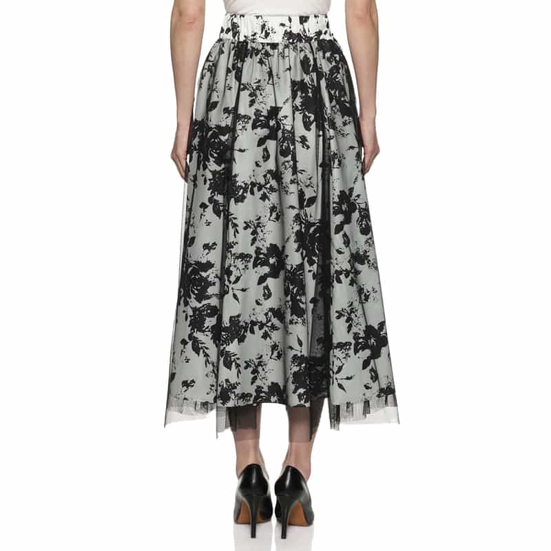 BARNEYS NEW YORK ウォッシャブル チュール付き フラワープリントスカート OFF WHITE