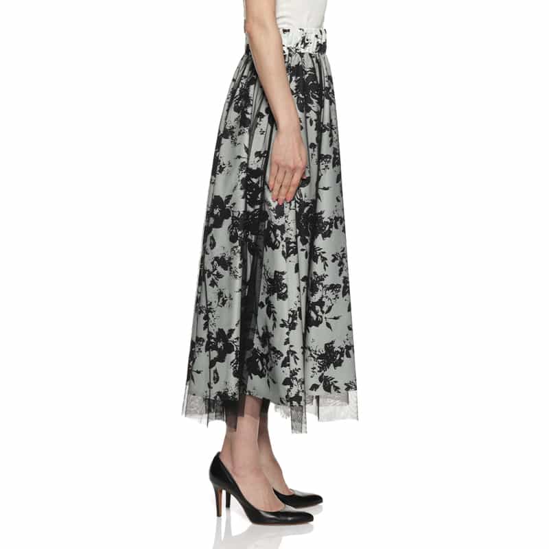 BARNEYS NEW YORK ウォッシャブル チュール付き フラワープリントスカート OFF WHITE